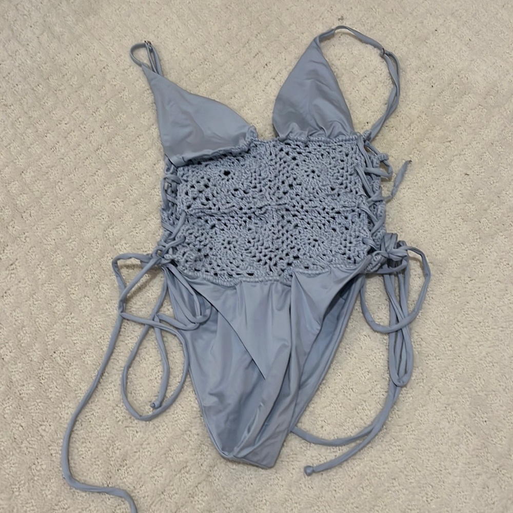 Frankies bikinis, light blue crochet, one piece size small